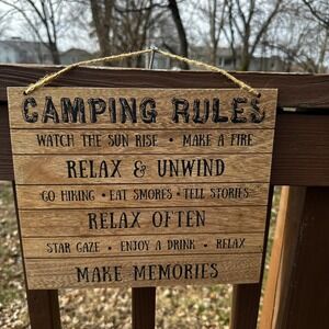 USA Camping Rules Sign Wood Rustic Wall Decor 11x11 in Hiking Relax Stars Fire